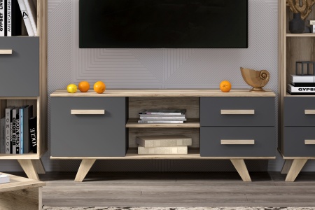 Тумба под телевизор с ящиками 135х40,4х53,6 серая Вега Скандинавия Кураж